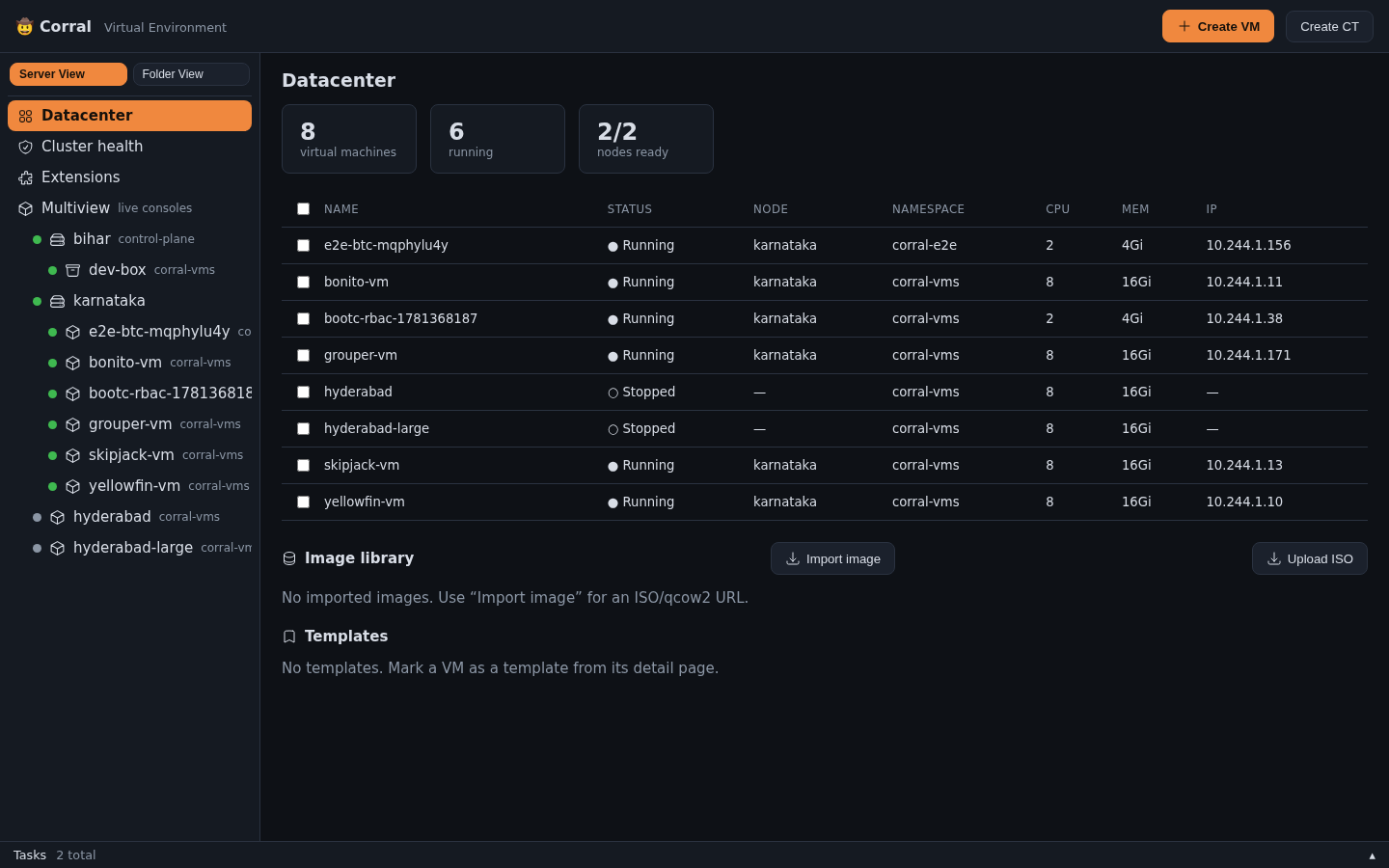 Corral web dashboard β datacenter view with VMs and a Container (CT) in the Server View tree