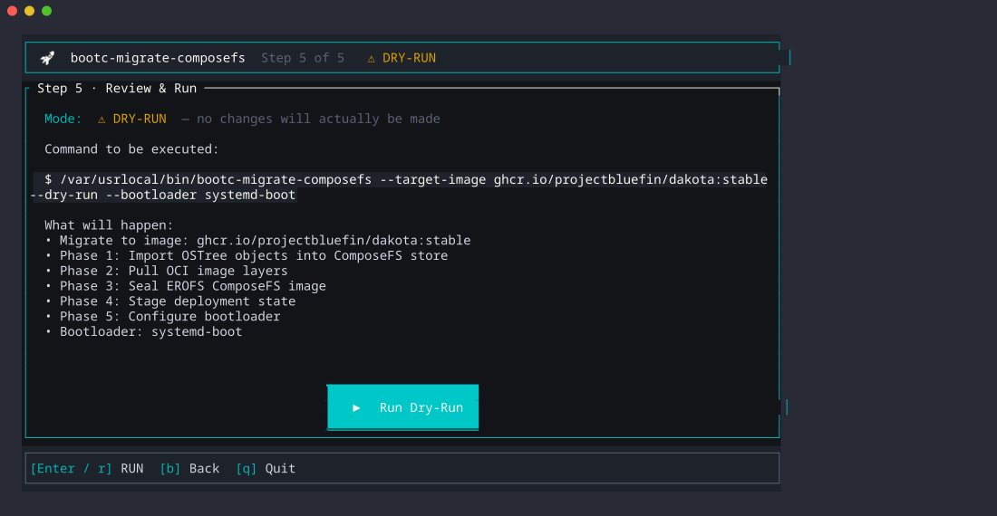 TUI wizard review screen showing the command that will run