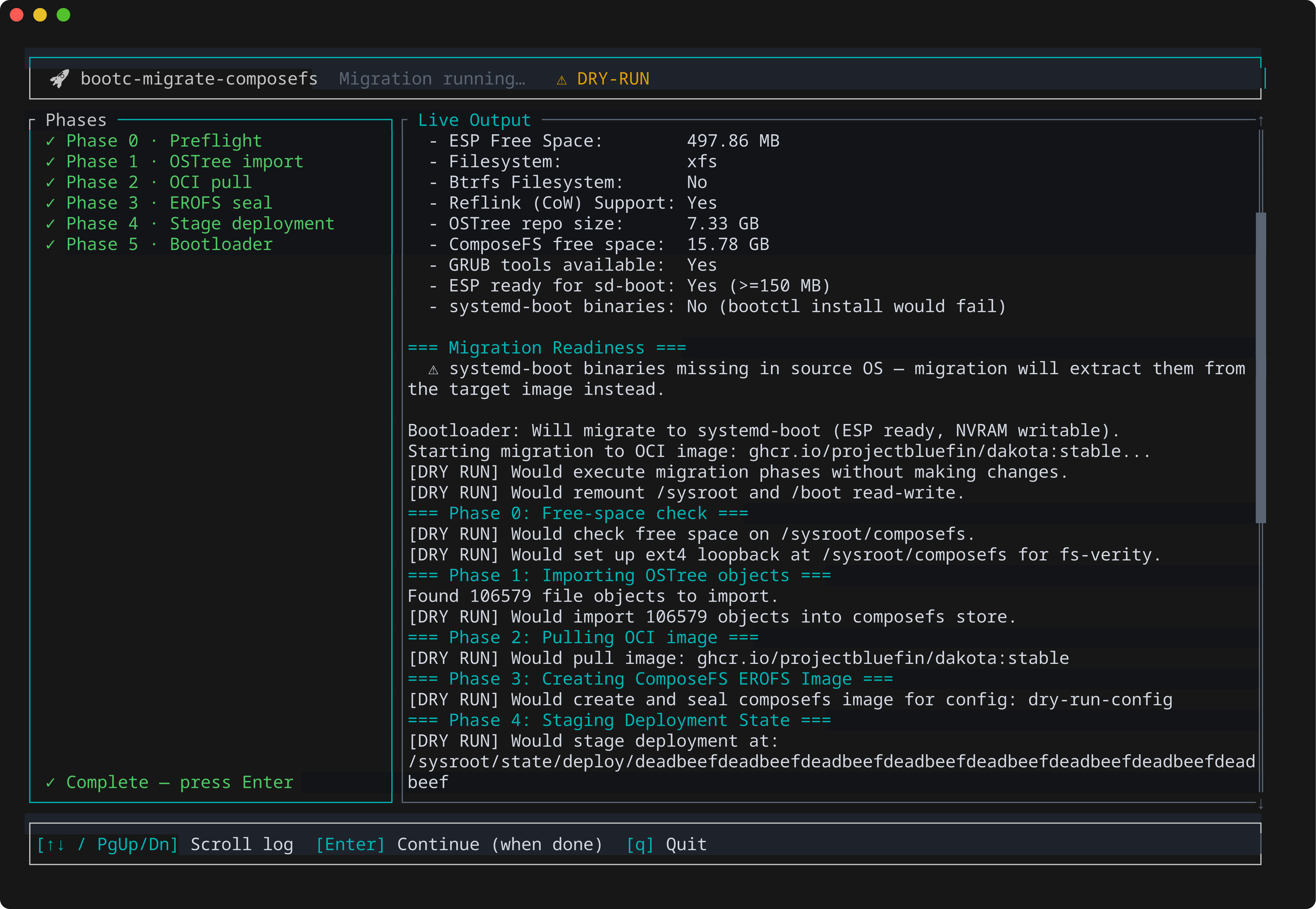TUI wizard live migration progress with phase tracking and logs